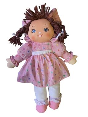 Vintage 1995 Sweetie Mine Plush Rag Doll Brown Hair, Pig Tails, Stitch Eyes 20”